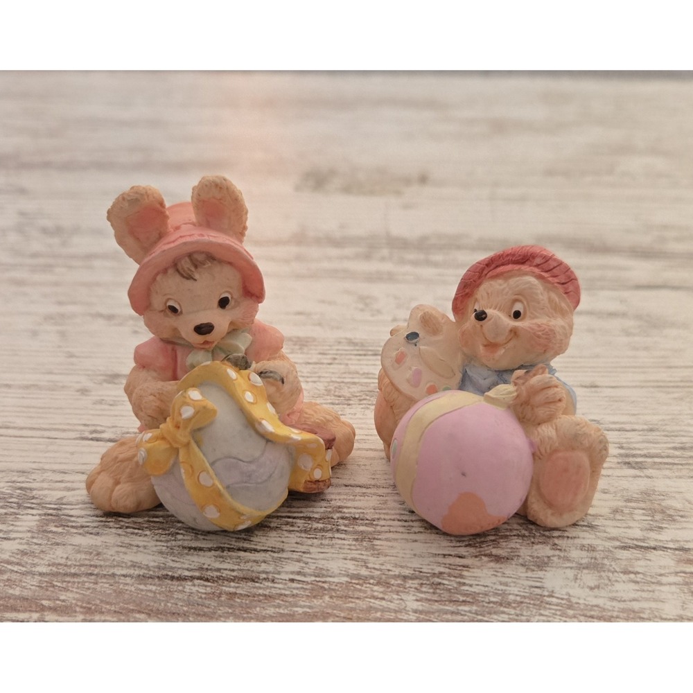 Vintage Resin Bunny Rabbit Figurines Lot of 2 Easter Egg Painter Artist 2" MCM